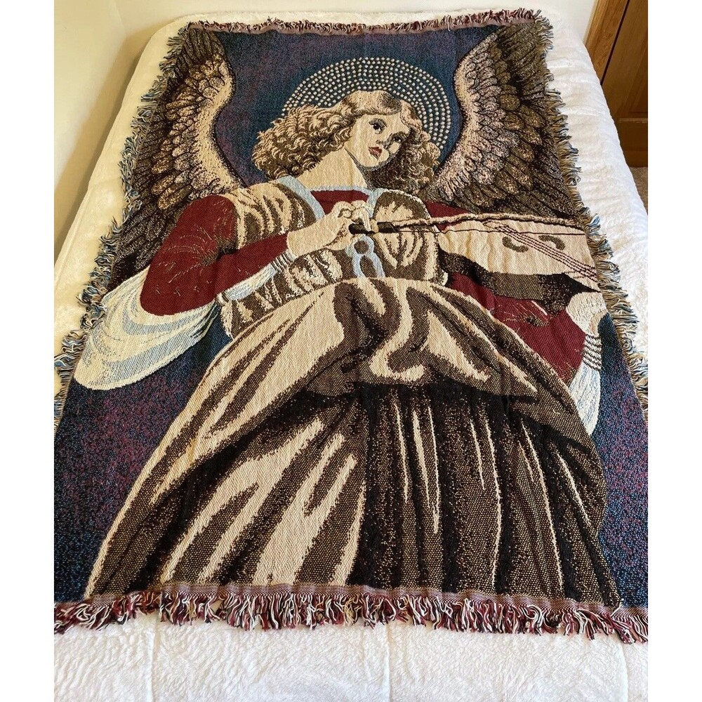 NEW Chatham Throw Angel Playing Violin Woven Cotton Blanket Tapestry 67" X 46"